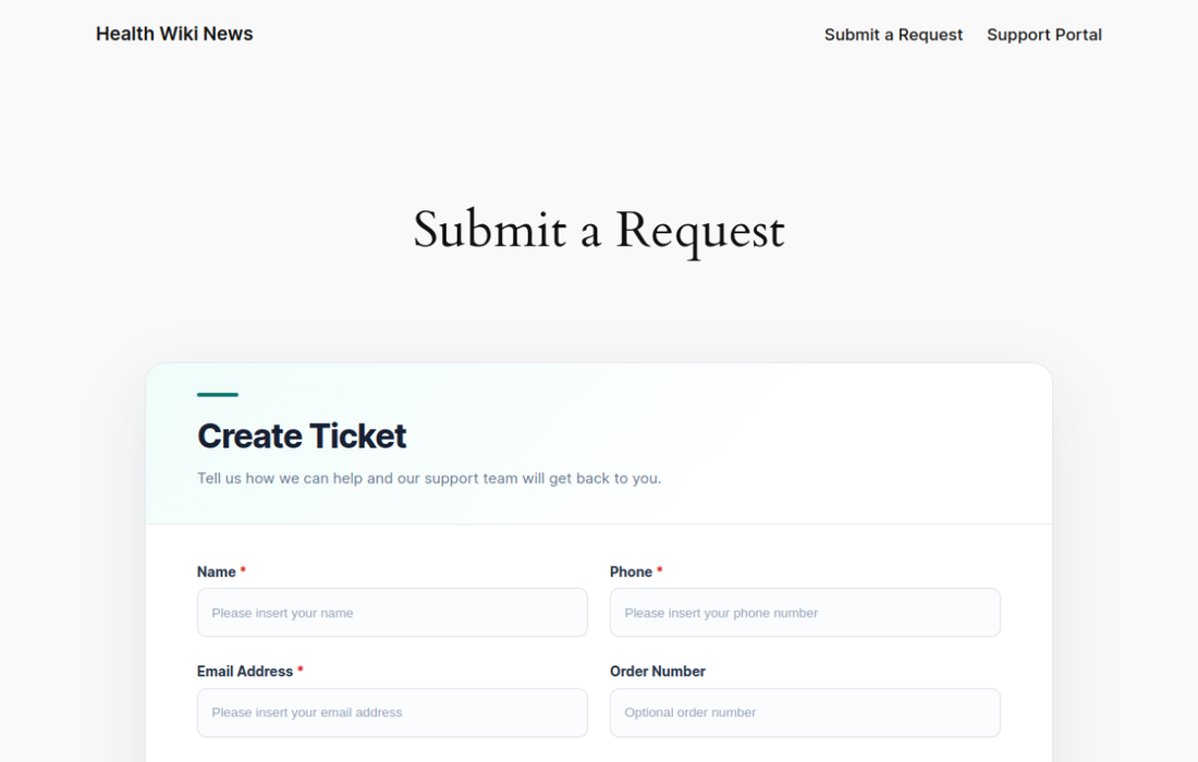 Health Wiki News request form fields